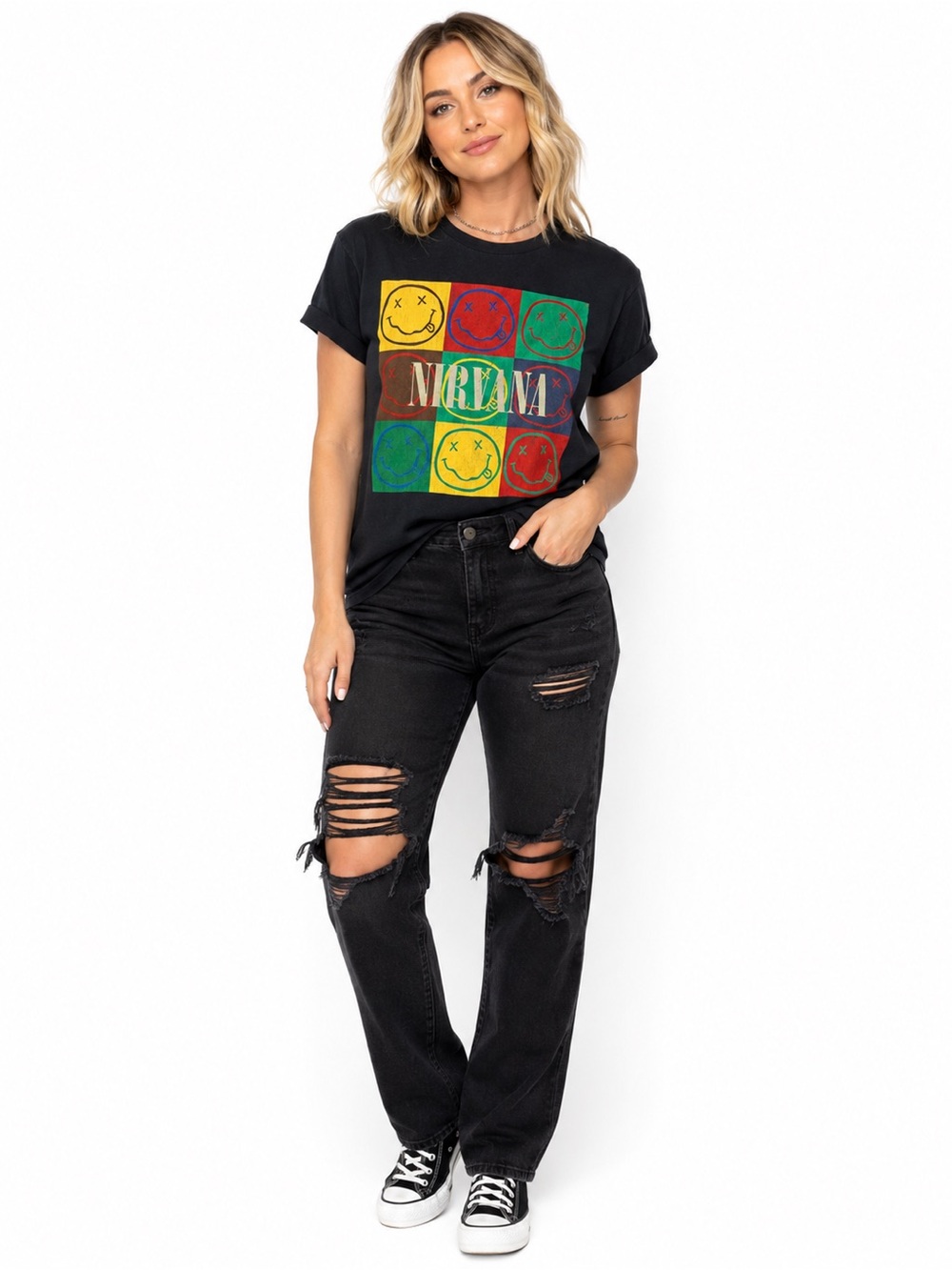 Nirvana Smiley Face Graphic Band T-Shirt – Black – Size Small